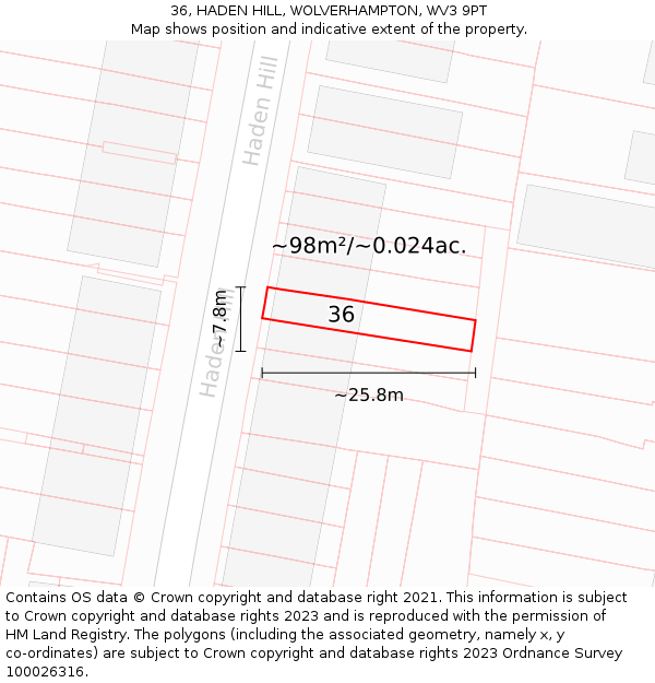 36, HADEN HILL, WOLVERHAMPTON, WV3 9PT: Plot and title map