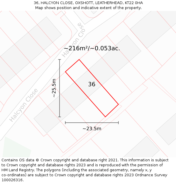 36, HALCYON CLOSE, OXSHOTT, LEATHERHEAD, KT22 0HA: Plot and title map