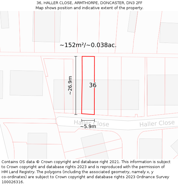 36, HALLER CLOSE, ARMTHORPE, DONCASTER, DN3 2FF: Plot and title map