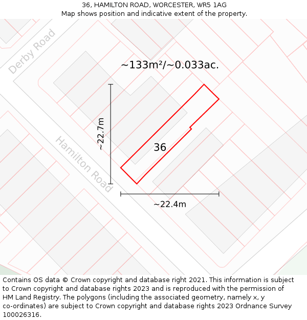 36, HAMILTON ROAD, WORCESTER, WR5 1AG: Plot and title map
