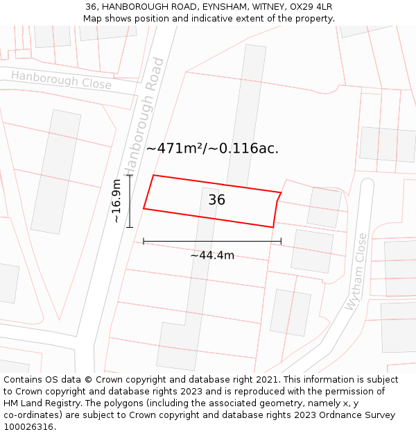 36, HANBOROUGH ROAD, EYNSHAM, WITNEY, OX29 4LR: Plot and title map