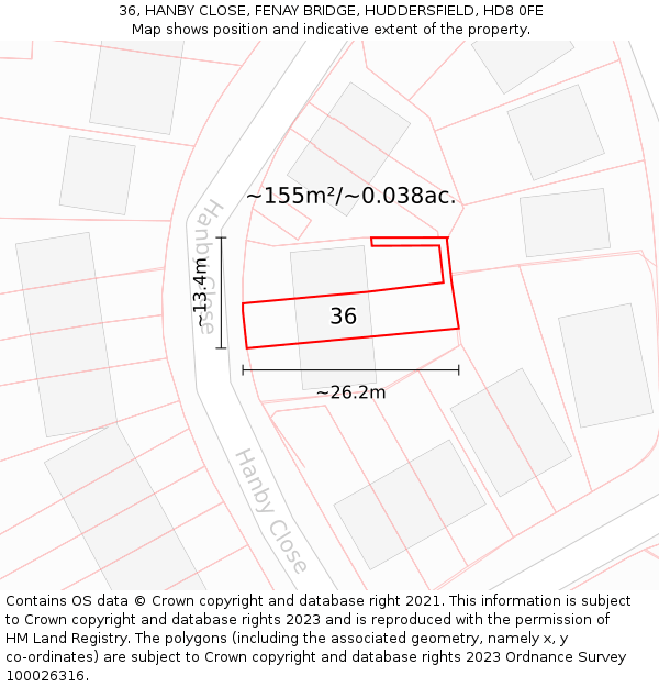 36, HANBY CLOSE, FENAY BRIDGE, HUDDERSFIELD, HD8 0FE: Plot and title map