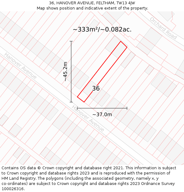 36, HANOVER AVENUE, FELTHAM, TW13 4JW: Plot and title map
