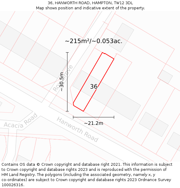 36, HANWORTH ROAD, HAMPTON, TW12 3DL: Plot and title map