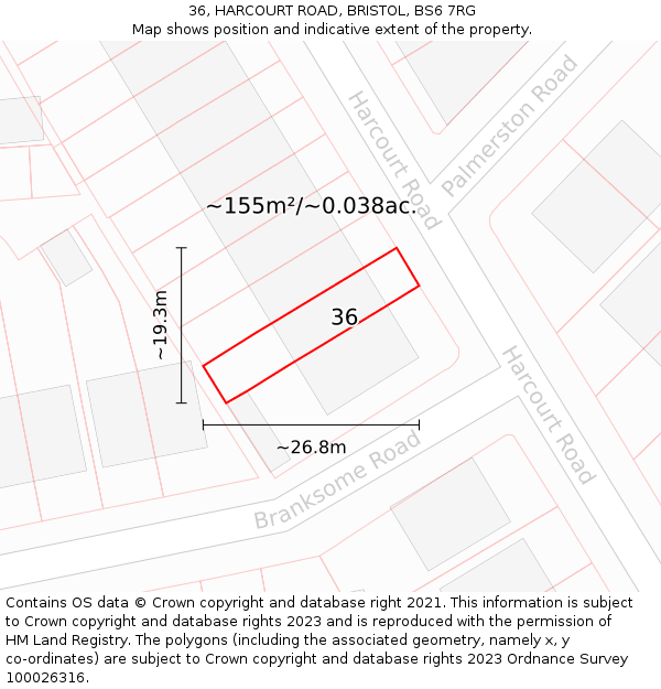 36, HARCOURT ROAD, BRISTOL, BS6 7RG: Plot and title map