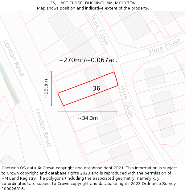 36, HARE CLOSE, BUCKINGHAM, MK18 7EW: Plot and title map