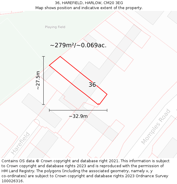 36, HAREFIELD, HARLOW, CM20 3EG: Plot and title map