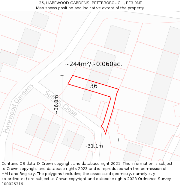 36, HAREWOOD GARDENS, PETERBOROUGH, PE3 9NF: Plot and title map