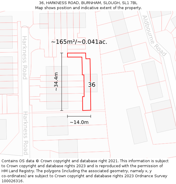 36, HARKNESS ROAD, BURNHAM, SLOUGH, SL1 7BL: Plot and title map