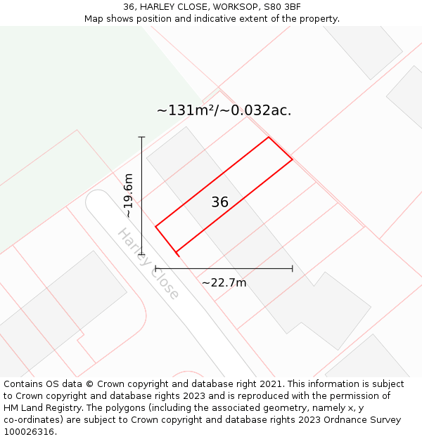 36, HARLEY CLOSE, WORKSOP, S80 3BF: Plot and title map