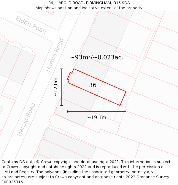 36, HAROLD ROAD, BIRMINGHAM, B16 9DA: Plot and title map