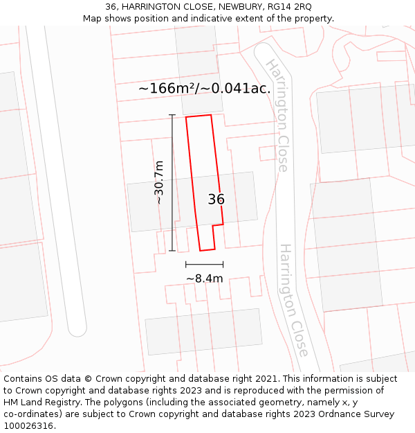 36, HARRINGTON CLOSE, NEWBURY, RG14 2RQ: Plot and title map