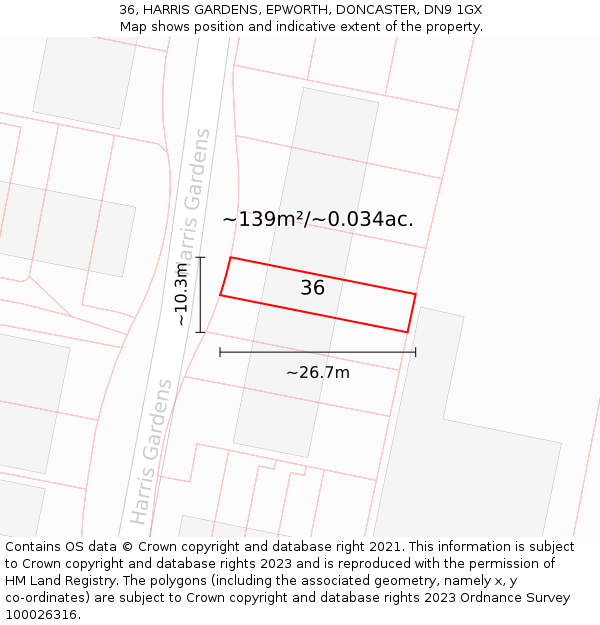 36, HARRIS GARDENS, EPWORTH, DONCASTER, DN9 1GX: Plot and title map