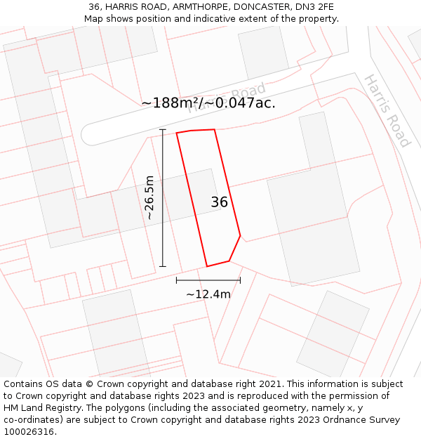 36, HARRIS ROAD, ARMTHORPE, DONCASTER, DN3 2FE: Plot and title map