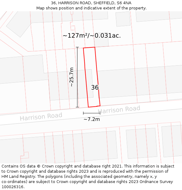 36, HARRISON ROAD, SHEFFIELD, S6 4NA: Plot and title map