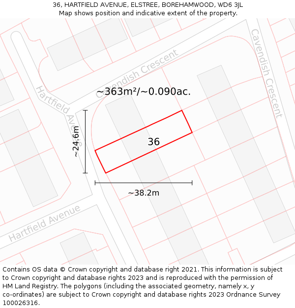 36, HARTFIELD AVENUE, ELSTREE, BOREHAMWOOD, WD6 3JL: Plot and title map