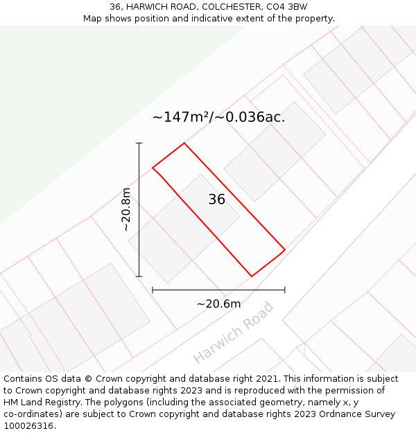 36, HARWICH ROAD, COLCHESTER, CO4 3BW: Plot and title map