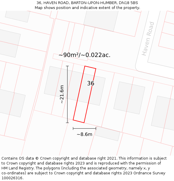 36, HAVEN ROAD, BARTON-UPON-HUMBER, DN18 5BS: Plot and title map