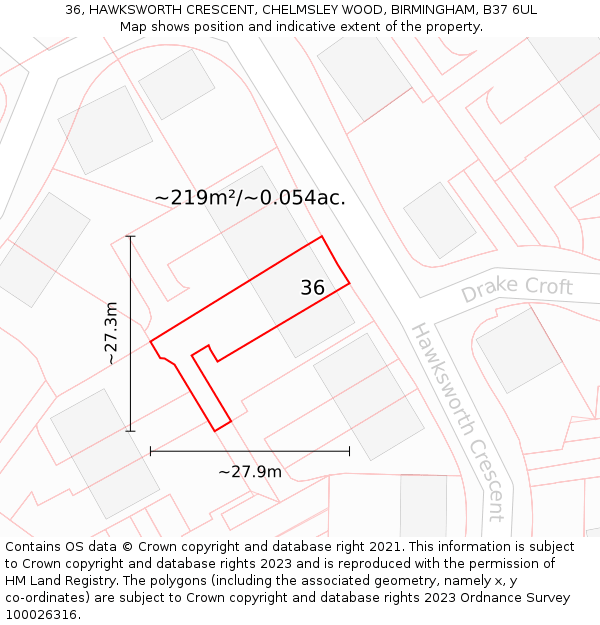 36, HAWKSWORTH CRESCENT, CHELMSLEY WOOD, BIRMINGHAM, B37 6UL: Plot and title map
