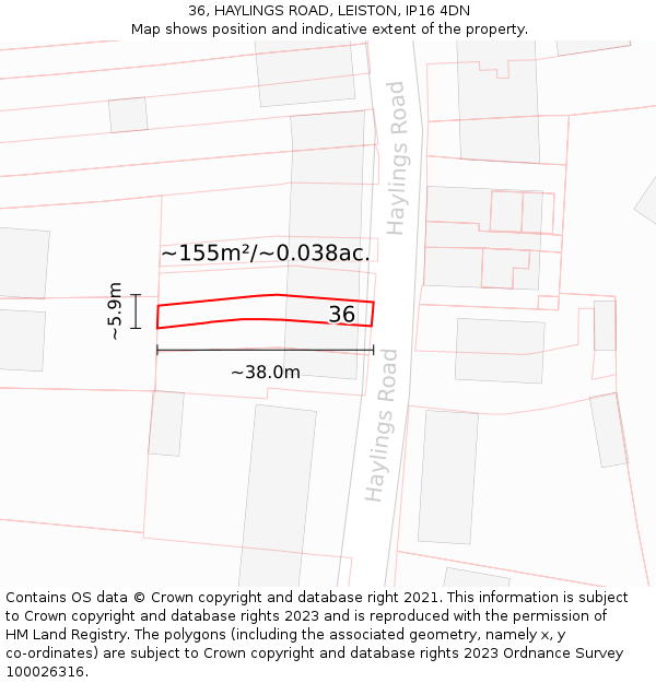 36, HAYLINGS ROAD, LEISTON, IP16 4DN: Plot and title map