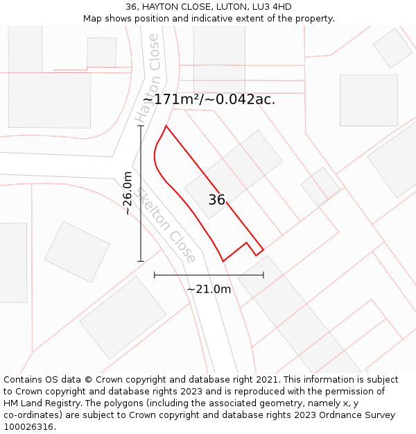 36, HAYTON CLOSE, LUTON, LU3 4HD: Plot and title map