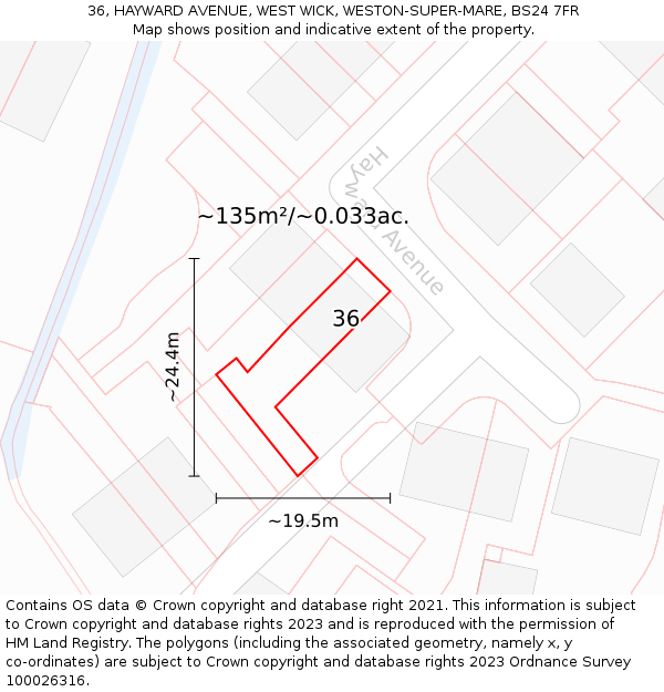 36, HAYWARD AVENUE, WEST WICK, WESTON-SUPER-MARE, BS24 7FR: Plot and title map