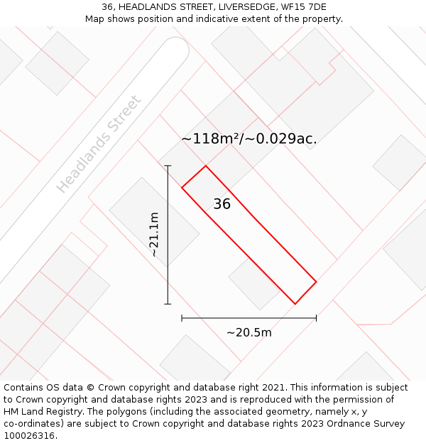 36, HEADLANDS STREET, LIVERSEDGE, WF15 7DE: Plot and title map