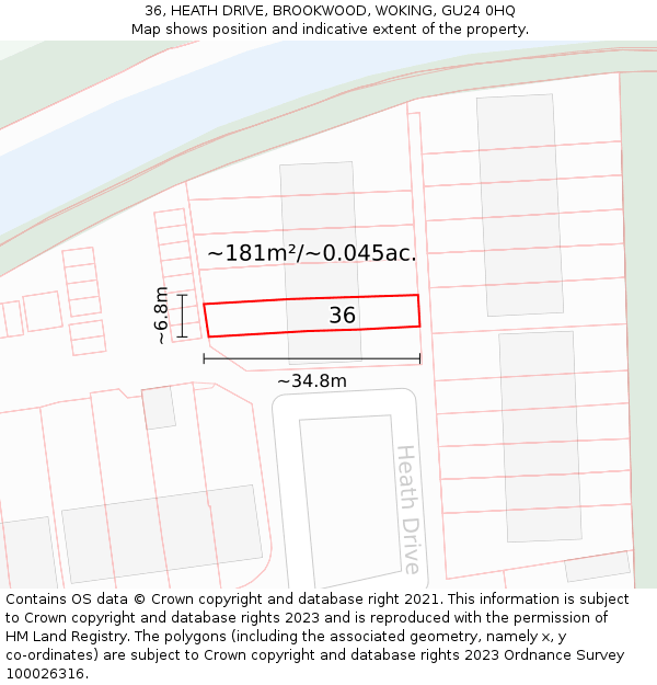 36, HEATH DRIVE, BROOKWOOD, WOKING, GU24 0HQ: Plot and title map