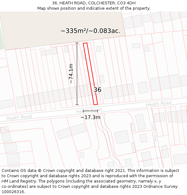 36, HEATH ROAD, COLCHESTER, CO3 4DH: Plot and title map