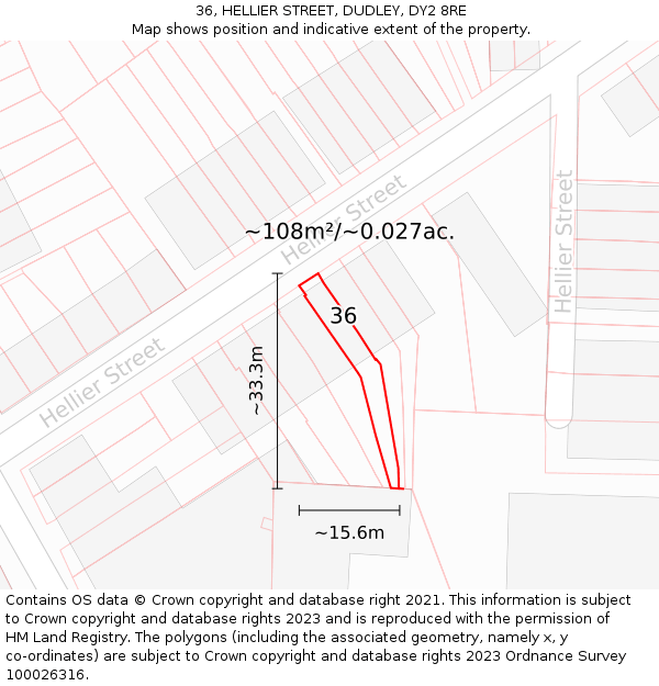 36, HELLIER STREET, DUDLEY, DY2 8RE: Plot and title map
