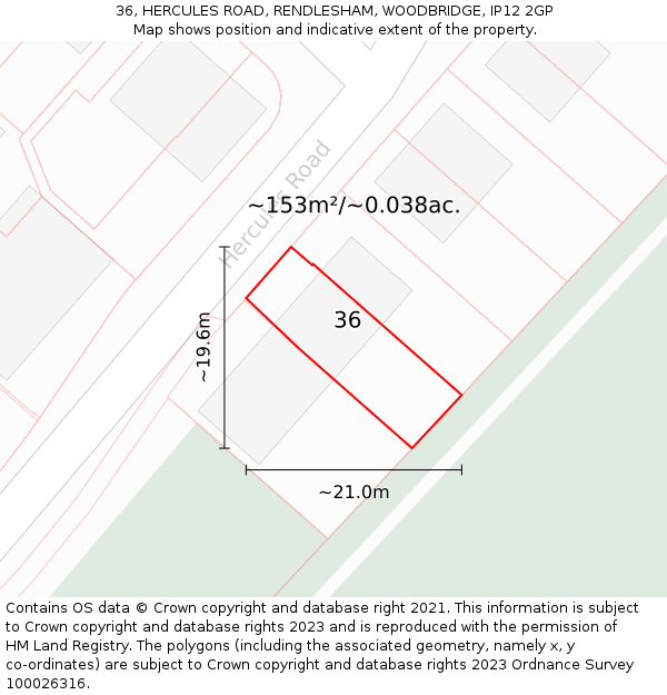 36, HERCULES ROAD, RENDLESHAM, WOODBRIDGE, IP12 2GP: Plot and title map