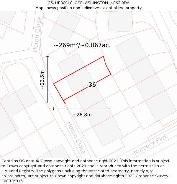 36, HERON CLOSE, ASHINGTON, NE63 0DA: Plot and title map