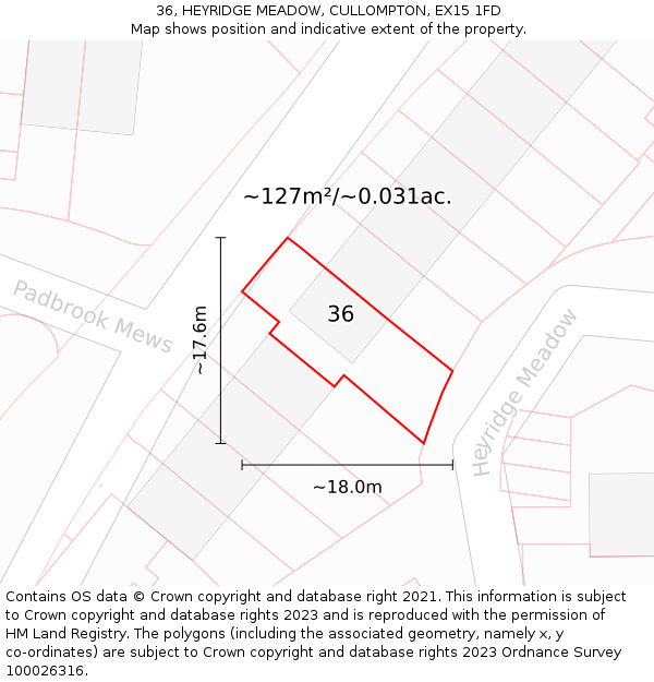 36, HEYRIDGE MEADOW, CULLOMPTON, EX15 1FD: Plot and title map