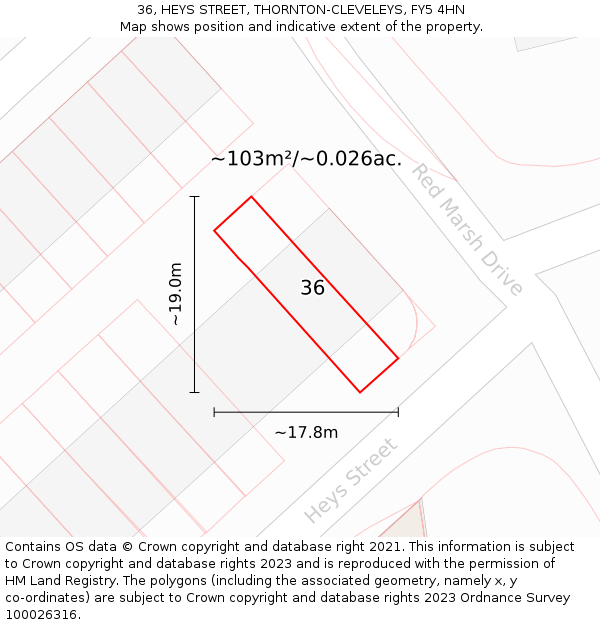 36, HEYS STREET, THORNTON-CLEVELEYS, FY5 4HN: Plot and title map