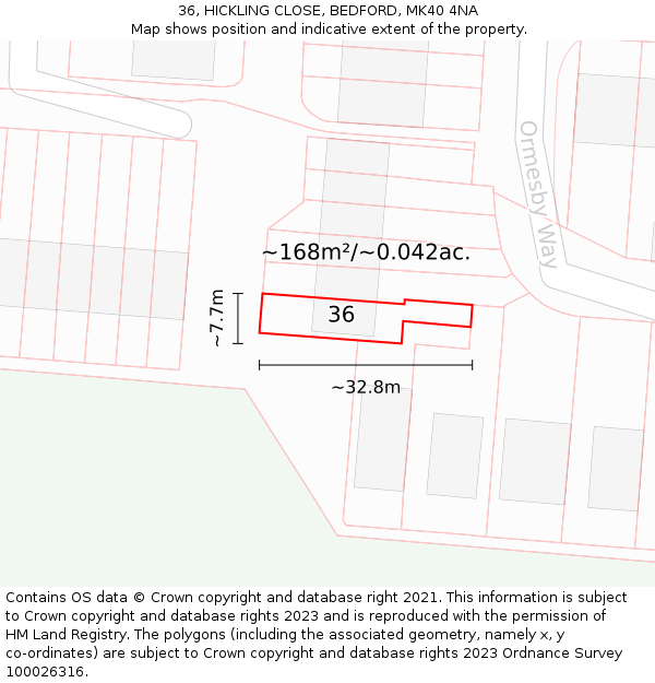 36, HICKLING CLOSE, BEDFORD, MK40 4NA: Plot and title map