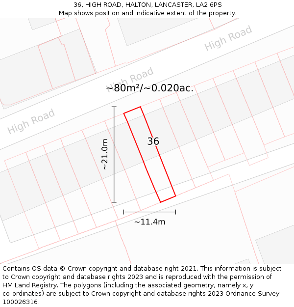 36, HIGH ROAD, HALTON, LANCASTER, LA2 6PS: Plot and title map