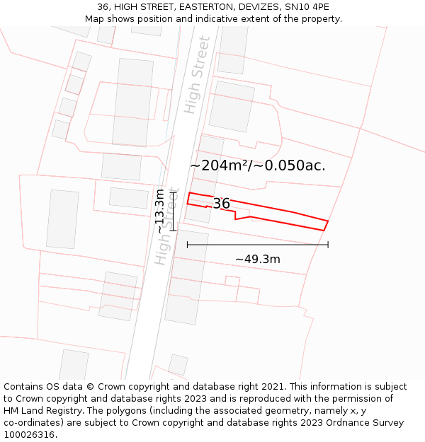 36, HIGH STREET, EASTERTON, DEVIZES, SN10 4PE: Plot and title map