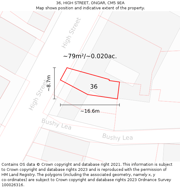 36, HIGH STREET, ONGAR, CM5 9EA: Plot and title map