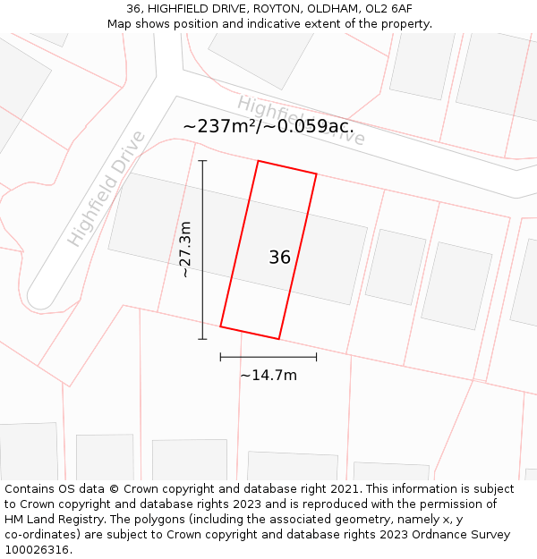 36, HIGHFIELD DRIVE, ROYTON, OLDHAM, OL2 6AF: Plot and title map