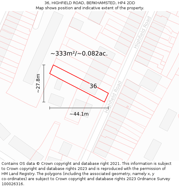 36, HIGHFIELD ROAD, BERKHAMSTED, HP4 2DD: Plot and title map