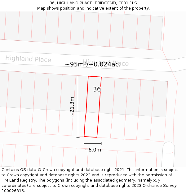 36, HIGHLAND PLACE, BRIDGEND, CF31 1LS: Plot and title map