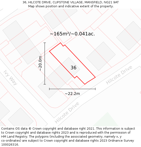 36, HILCOTE DRIVE, CLIPSTONE VILLAGE, MANSFIELD, NG21 9AT: Plot and title map
