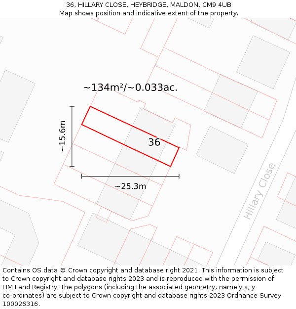 36, HILLARY CLOSE, HEYBRIDGE, MALDON, CM9 4UB: Plot and title map