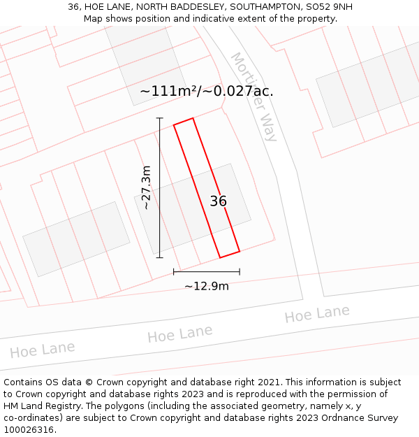 36, HOE LANE, NORTH BADDESLEY, SOUTHAMPTON, SO52 9NH: Plot and title map