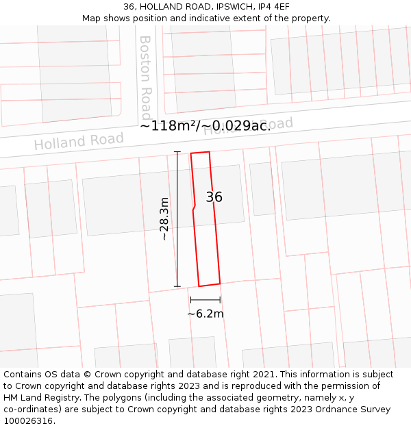36, HOLLAND ROAD, IPSWICH, IP4 4EF: Plot and title map