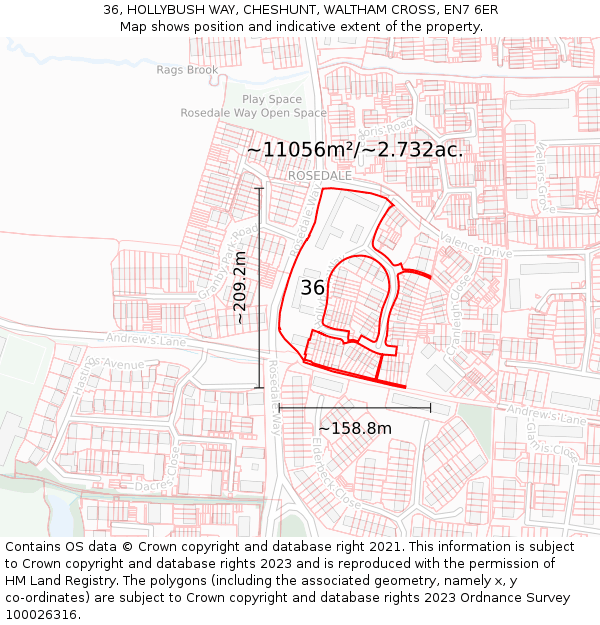 36, HOLLYBUSH WAY, CHESHUNT, WALTHAM CROSS, EN7 6ER: Plot and title map