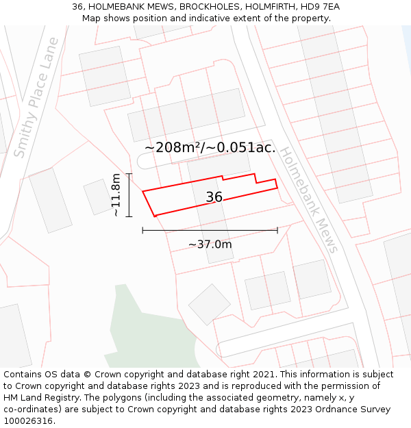 36, HOLMEBANK MEWS, BROCKHOLES, HOLMFIRTH, HD9 7EA: Plot and title map