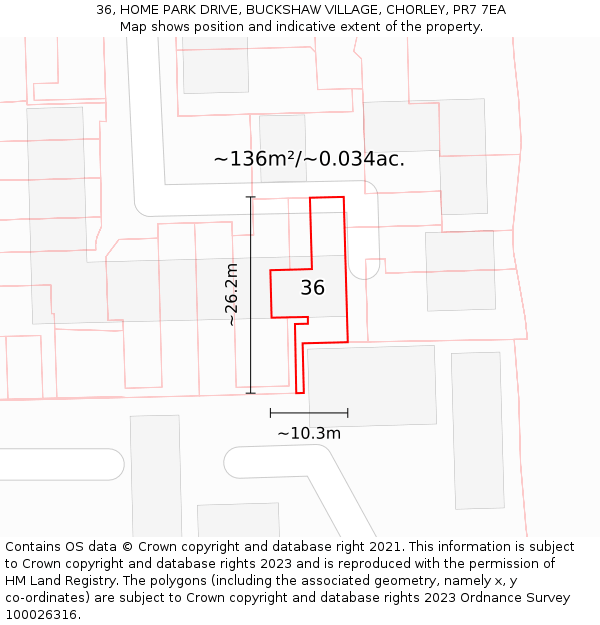 36, HOME PARK DRIVE, BUCKSHAW VILLAGE, CHORLEY, PR7 7EA: Plot and title map