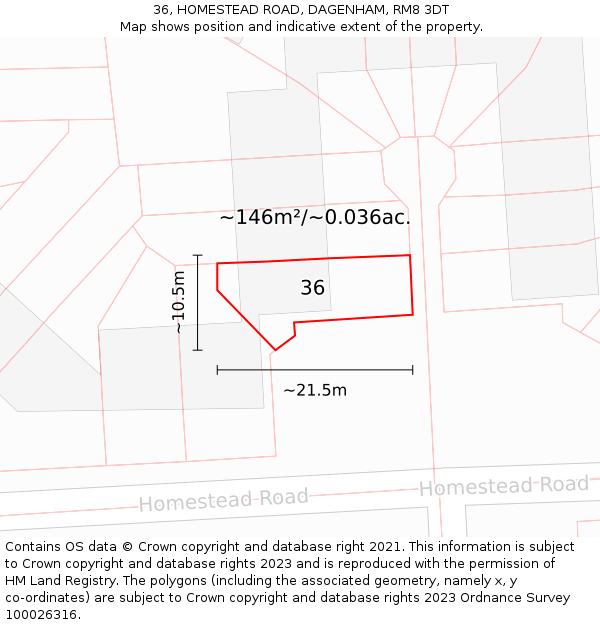 36, HOMESTEAD ROAD, DAGENHAM, RM8 3DT: Plot and title map