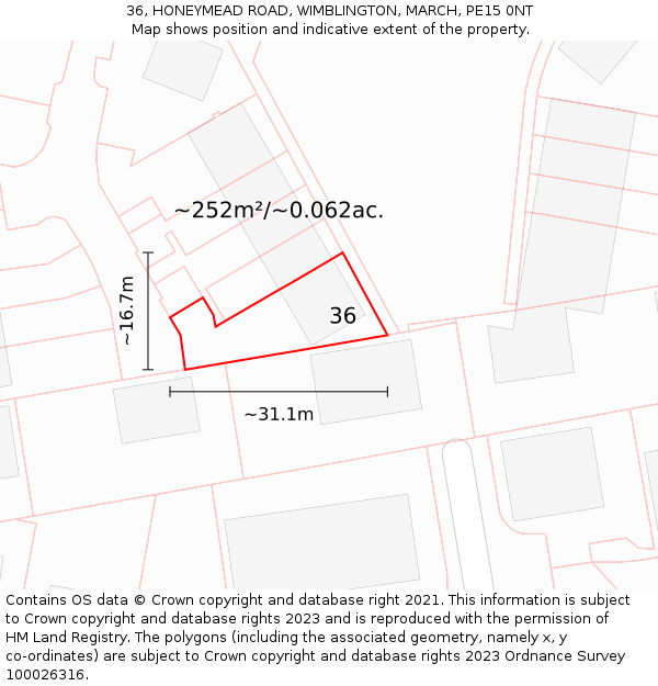 36, HONEYMEAD ROAD, WIMBLINGTON, MARCH, PE15 0NT: Plot and title map